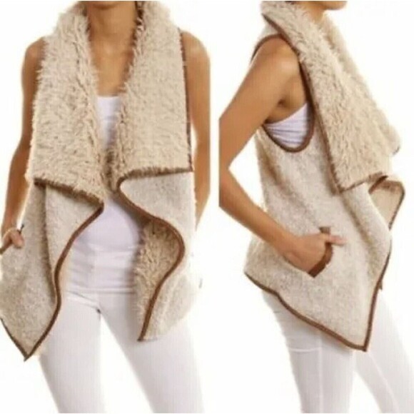 Love Tree Sherpa Vest Wool Blend w/ Vegan Leather Trim Ivory Women’s Large - Picture 1 of 12